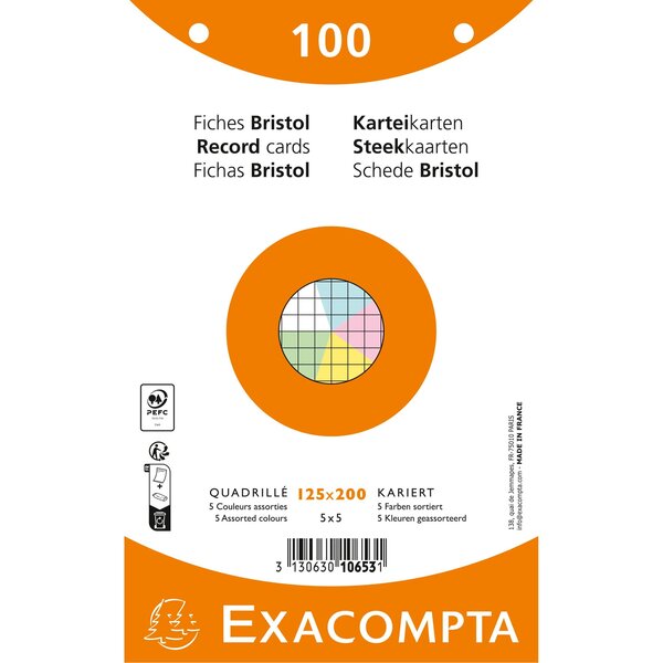 Paquet 100 Fiches Sous Film - Bristol Quadrillé 5x5 Perforé - 125x200mm - Couleurs Assorties - X 12 - Exacompta