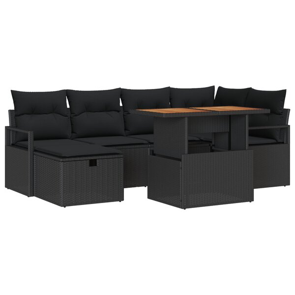 Ensemble de Sofa de Jardin 7 pièces avec Coussins Noir Rotin Poly