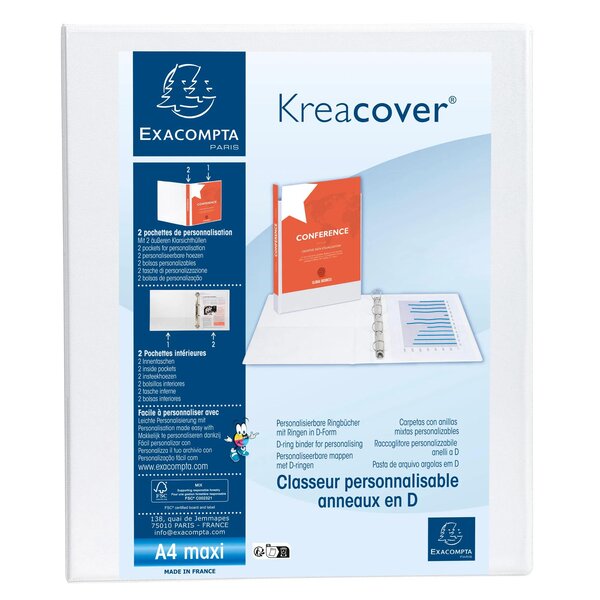 Classeur Personnalisable Rigide 2 Poches Kreacover - 4 Anneaux En D 30mm - A4 Maxi - Blanc - X 10 - Exacompta