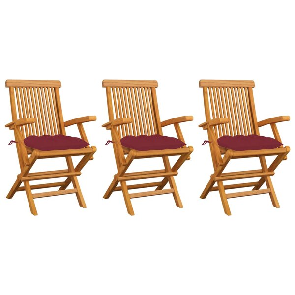 vidaXL Chaises de jardin avec coussins rouge bordeaux lot de 3 Teck