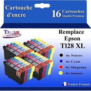 T3AZUR- 16x Cartouches Compatibles avec Epson T1281 T1282 T1282 T1284 remplace Epson Stylus Office BX305F BX305FW S22 SX125 SX130 SX230 SX235W SX420W SX425W SX430W SX435W SX438W SX440W SX445W