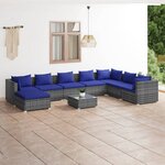 vidaXL Salon de jardin 9 Pièces avec coussins Résine tressée Gris