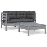 vidaXL Salon de jardin 3 Pièces avec coussins Gris Bois de pin massif