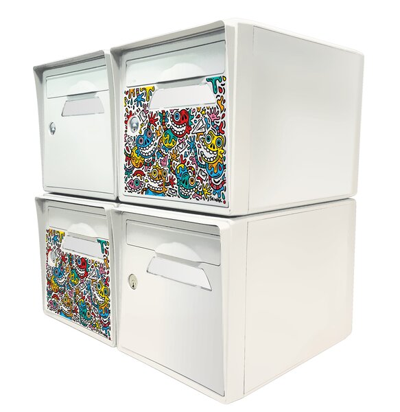 Pack de 4 boîtes aux lettres 1 porte - 2x "The Maniac World" SKWAK - 2x "Blanc ivoire"
