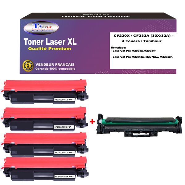 T3AZUR  - 4 Toner+1 Tambour compatibles avec HP CF230X  CF232A (HP30X  HP32A)