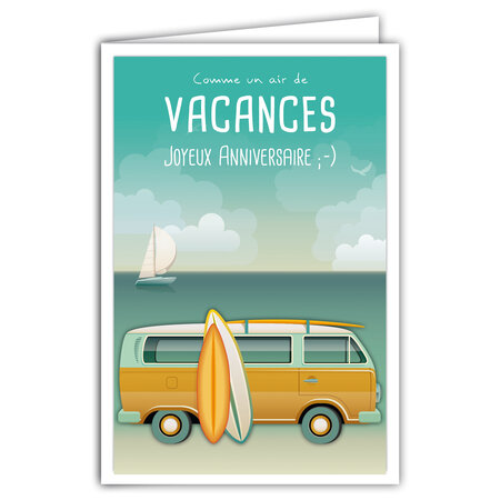 Carte Joyeux Anniversaire - Enveloppe - Mini Posters Format 17x11 5cm - Comme un Air Vacances - Van Planches Surf - Mer Voilier Spot Plage Sable Rétro Vintage - Fabriquée en France