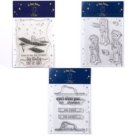 11 Tampons transparents Le Petit Prince dans son avion + Etoiles + Boa Eléphant