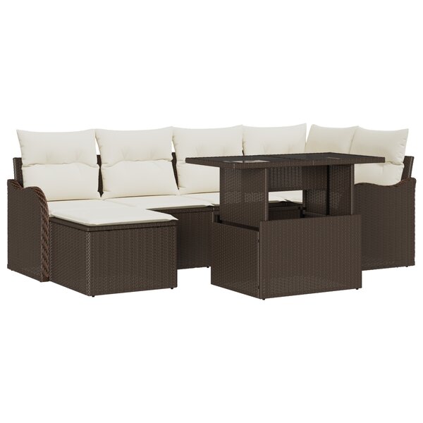 Canapé de jardin 7 pièces avec coussins en rotin poly marron