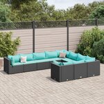 vidaXL Salon de jardin 10 Pièces avec coussins noir résine tressée