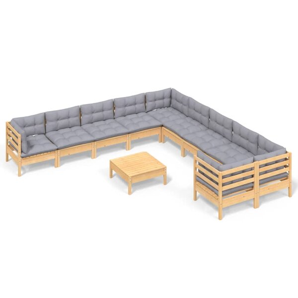 vidaXL Salon de jardin 11 Pièces avec coussins gris bois de pin