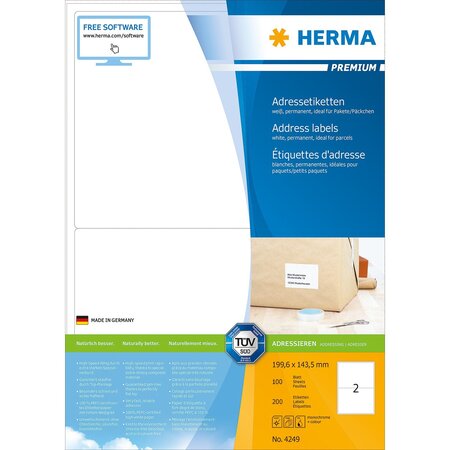 Boite de 200 etiquettes universelles premium 199,6 x 143,5mm blanc herma