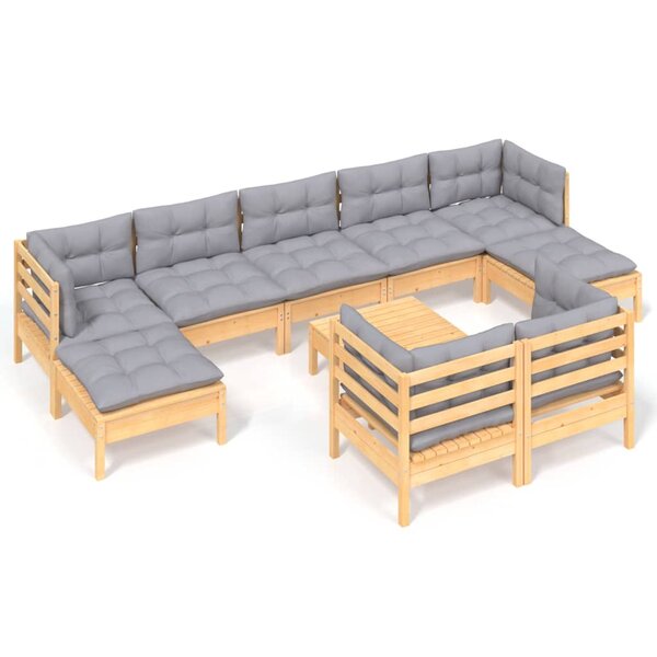 vidaXL Salon de jardin 10 Pièces avec coussins gris bois de pin massif