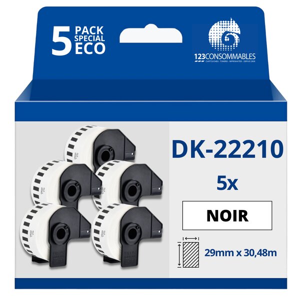 Pack de 5 Rouleaux Étiquettes compatible avec BROTHER DK-22210 - Largeur 29 mm x 30 48 m
