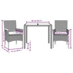 vidaXL Ensemble à manger de jardin et coussins 3 Pièces noir rotin verre