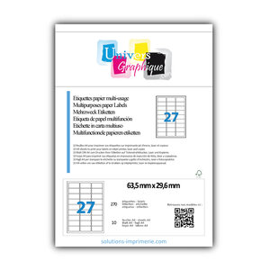 Lot de 10 planches a4 de 27 étiquettes à bords ronds 63 5 x 29 6 mm en papier blanc 70g/m² multifonction