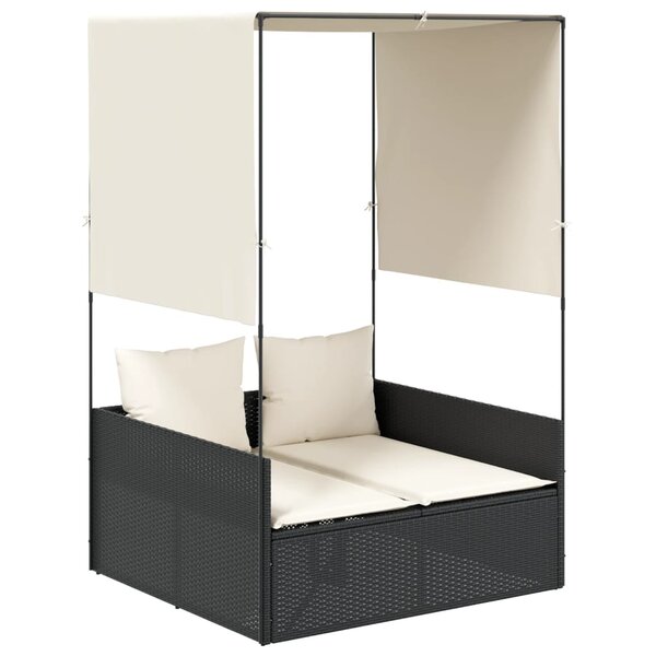 vidaXL Chaise longue double avec toit et rideaux noir résine tressée