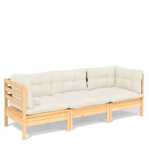 vidaXL Canapé 3 places de jardin et coussins crème Bois de pin solide