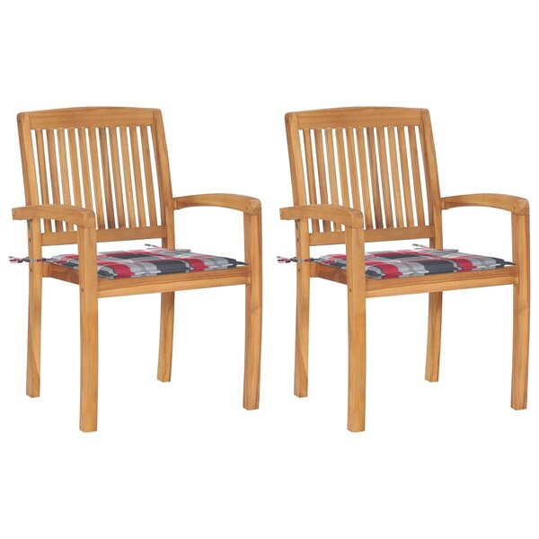 vidaXL Chaises de jardin 2 Pièces avec coussins à carreaux rouges Teck