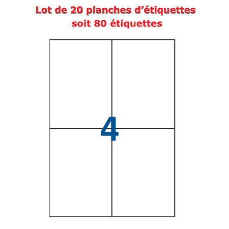 Lot de 20 planches étiquettes autocollantes sur feuille a4 : 105 x 148 mm (4 étiquettes par feuille)