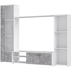 Meuble TV paroi murale - Blanc mat et béton clair - porte vitrée + 5 niches - 220 4 x 41 3 x 177 5 cm - PILVI