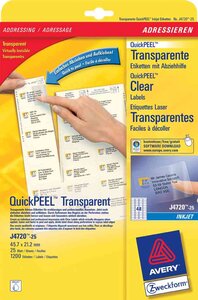 Paquet de 1200 étiquettes adresses transparents, 45,7 x 21,2 mm avery zweckform