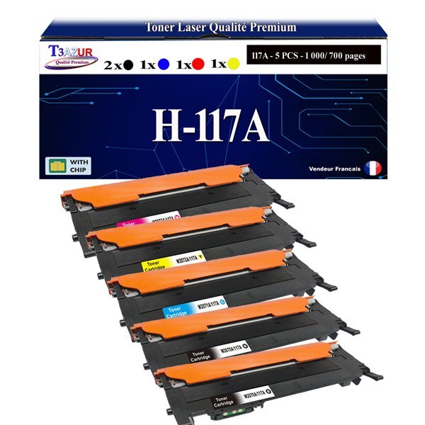 Lot de 5 Toners Laser compatibles avec HP W2070A  W2071A  W2072A  W2073A remplace HP 117A - (Noir+Couleur)