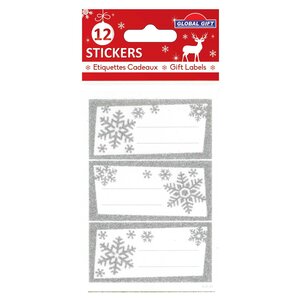 12 étiquettes adhésives de Noël - Flocons argentés à paillettes