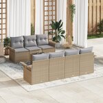 vidaXL Ensemble de Canapé de Jardin 8 Pièces avec Coussins Beige Poly Rotin