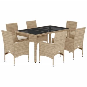 vidaXL Ensemble à manger de jardin et coussins 7 Pièces beige rotin verre