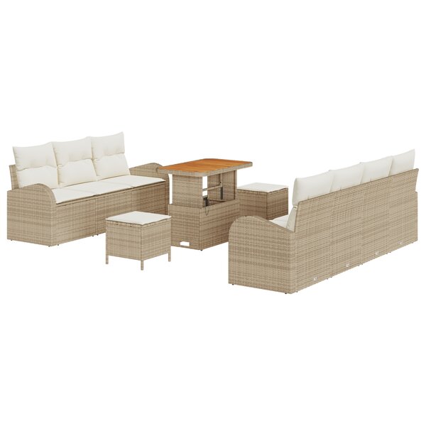 Ensemble de canapé de jardin de 10 pièces avec coussins beige poly rotin acacia