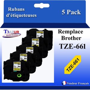 5x Rubans d'étiqueteuses compatibles avec Brother Tze661 Tze-661 pour étiqueteuses P-touch - Texte noir sur fond jaune