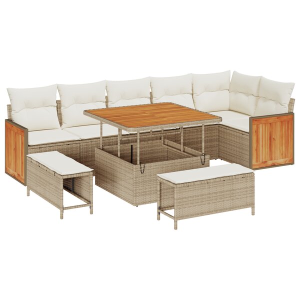 Canapé de jardin de 9 pièces avec coussins beige en poly rotin