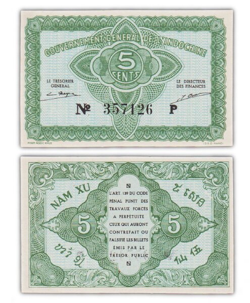 Billet de Collection 5 cents 1942 Indochine - Neuf - P88a