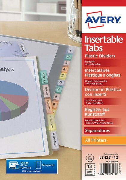 Intercalaires à onglets personnalisables A4+, Polypropylène, Assorti, 12 touches neutres