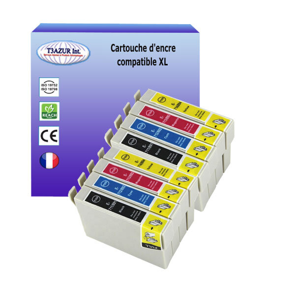 8 Cartouches Compatibles pour Epson Stylus S20 S21 SX100 SX105 SX110 SX115 SX200 SX205 SX209 SX210 SX215 remplace Epson T0711/2/3/4- T3AZUR