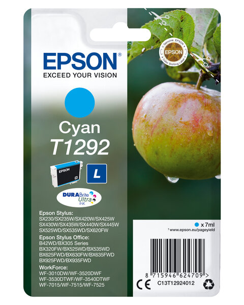 Epson singlepack cyan t1292 durabrite ul t1292 cartouche dencre cyan haute capacite 7ml 1-pack rf-am blister