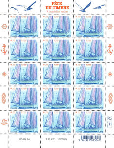 Feuille de 15 timbres - Fête du timbre - A bord d'un voilier - Lettre verte