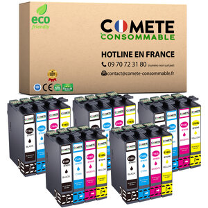 COMETE, Marque française -16XL - 20 Cartouches d'encre Compatibles avec EPSON 16 XL Stylo Plume T1631 - pour Cartouche Epson WF 2510 Epson Workforce WF 2630 (5 Noirs 5 Cyan 5 Magenta 5 Jaunes)-Livraison Gratuite