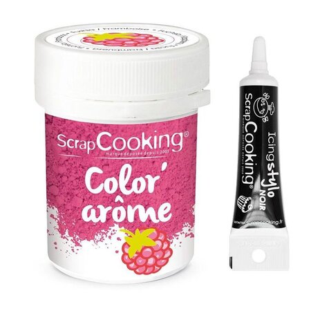 Colorant alimentaire rose arôme framboise 10 g + Stylo glaçage noir