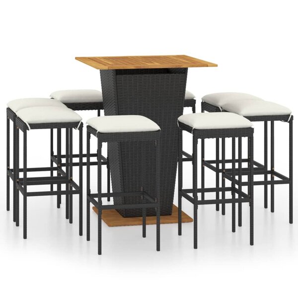 vidaXL Ensemble de bar de jardin 9 Pièces et coussins Résine tressée Noir