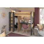 Lit combiné mezzanine enfant chêne et gris - Sommier inclus - 90 x 200 cm