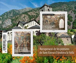 Bloc de 2 timbres Andorre - Recuperacio de les pintures de Sant Esteve d'Andorra la Vella
