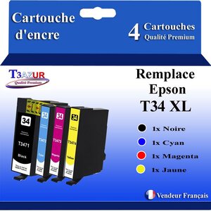 T3AZUR- 4x Cartouches Compatibles avec Epson 34XL 34 XL remplace Epson WorkForce Pro WF-3725DWF WF-3720DW WF-3720DWF