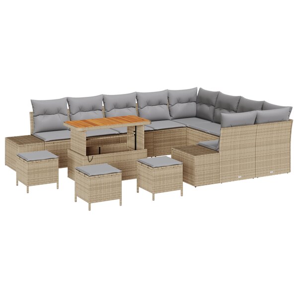 Ensemble de sofas de jardin 13 pièces avec coussins Beige Poly Rattan Acacia