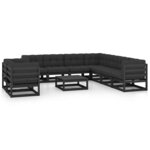 Salon de jardin meuble d'extérieur ensemble de mobilier 10 pièces avec coussins noir bois de pin massif 02_0015105