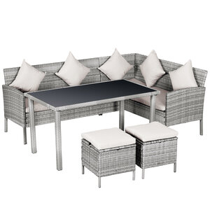 Salon de jardin 6 pers. grand confort canapé d'angle + 2 poufs + table à manger 9 coussins assise & dossier fournis résine tressée grise