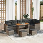Canapé de jardin de 10 pièces avec coussins gris poly rotin acacia