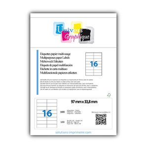 Lot de 100 planches a4 de 16 étiquettes à bords vifs 97 x 33 8 mm en papier blanc 70g/m² multifonction