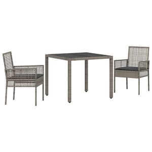 Ensemble de salle à manger de jardin 3 pièces avec coussins gris en poly rotin