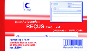 Manifold Autocopiant RECUS AVEC TVA Folioté 105 x 180 mm 50 Feuillets Dupli ELVE